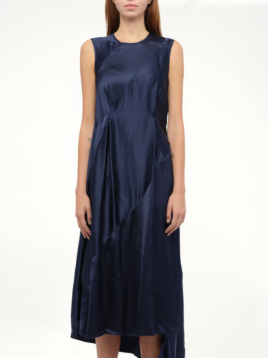 Image of a model wearing Dress. Productname: LOEWE Sleeveless Satin Dress in Navy colour by brand - LOEWE