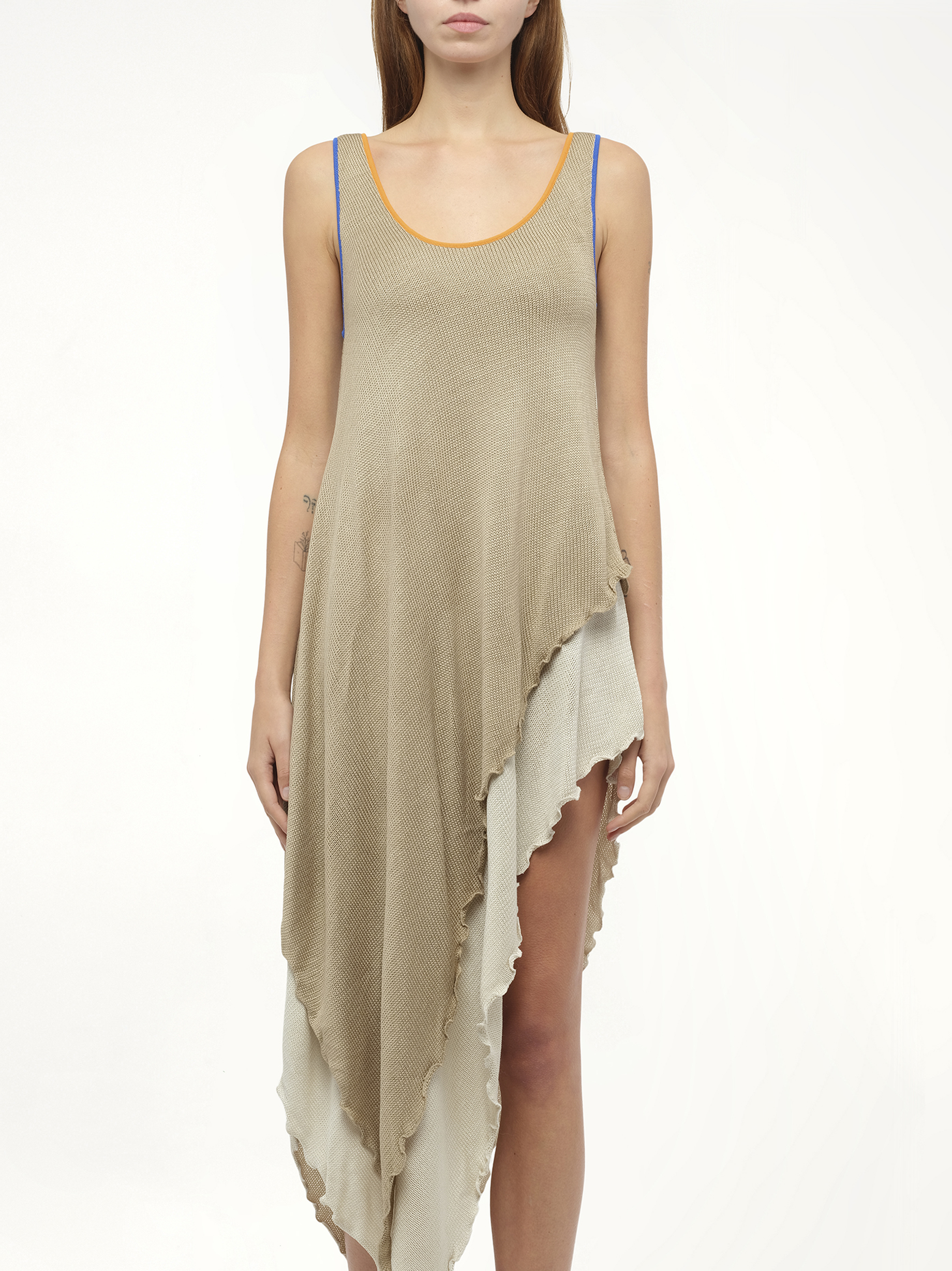 Image of a model wearing Dress. Productname: LOEWE Tank Top Knit Dress in Sand colour by brand - LOEWE