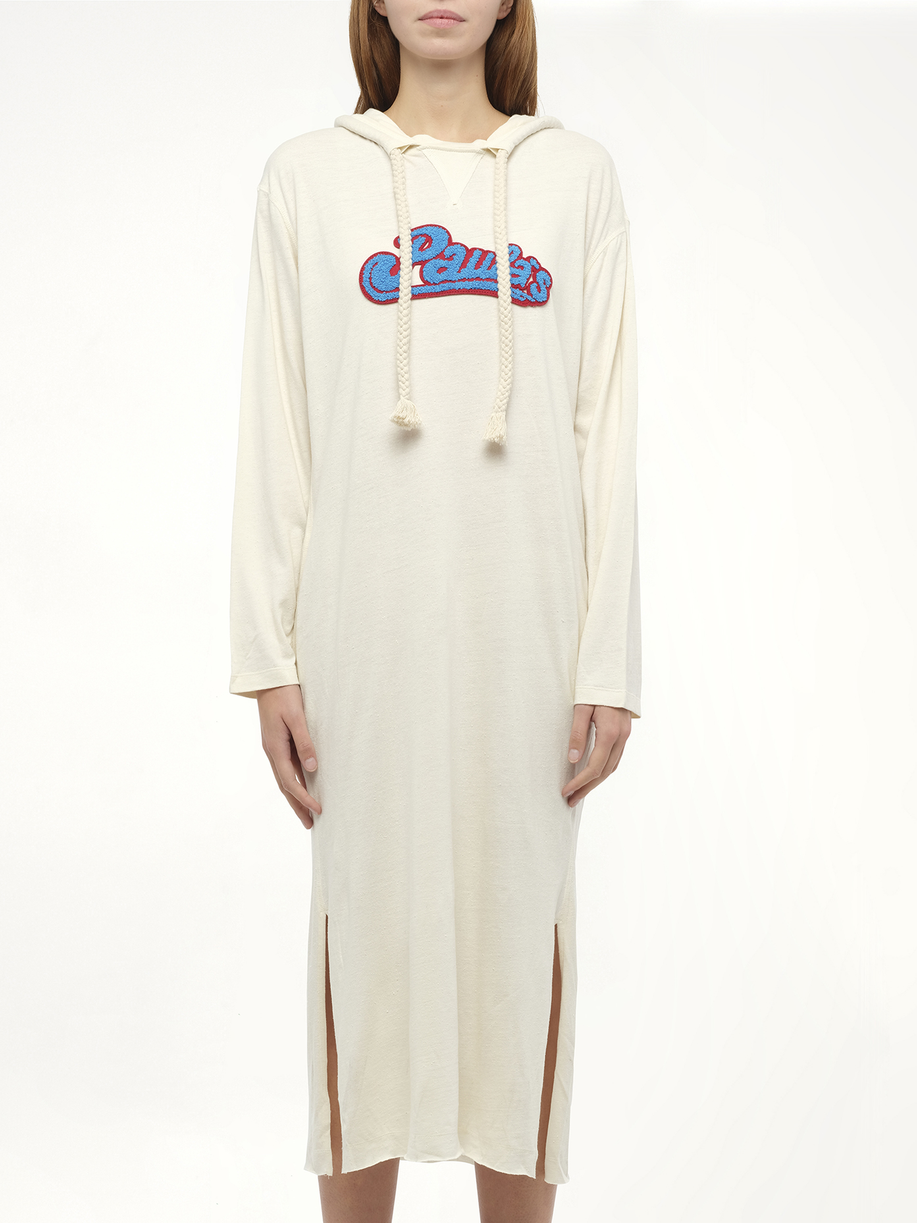 Image of a model wearing Outerwear. Product name - Loewe x Paula Long Hoodie in White colour by brand - LOEWE