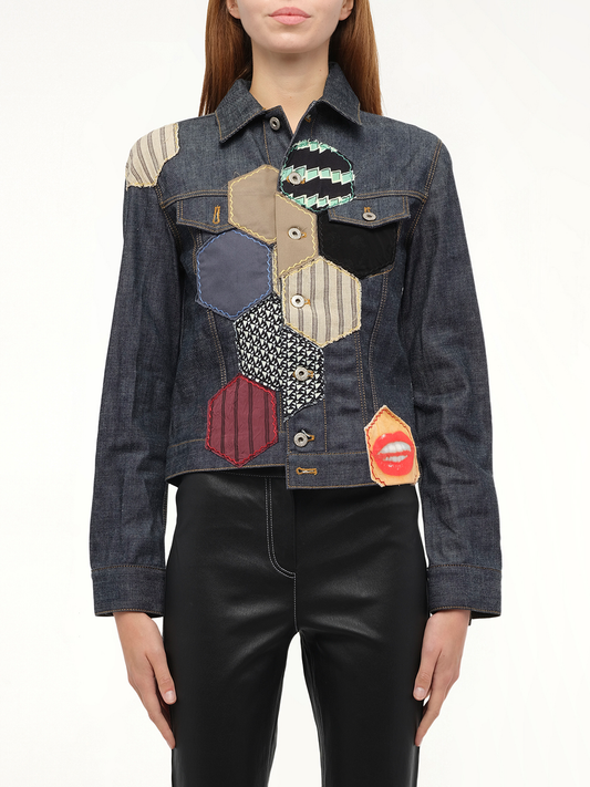 Image of a model wearing Denim. Productname: LOEWE Patch Denim Jacket in Navy colour by brand - LOEWE