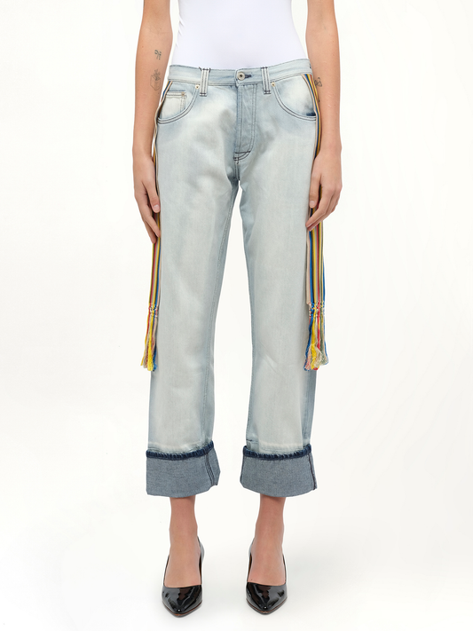 Image of a model wearing Denim. Productname: LOEWE Stripe Bands Jeans in L Blue colour by brand - LOEWE