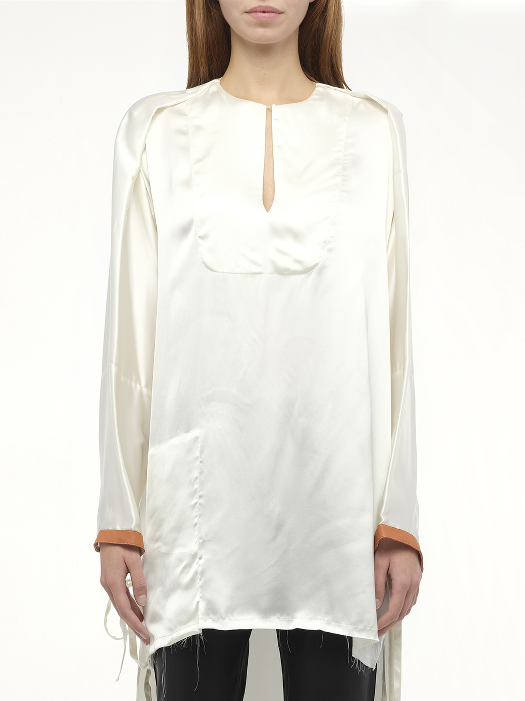 Image of a model wearing Tops. Productname: LOEWE Satin Long Back Top in White colour by brand - LOEWE