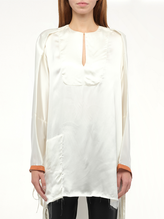 Image of a model wearing Tops. Productname: LOEWE Satin Long Back Top in White colour by brand - LOEWE