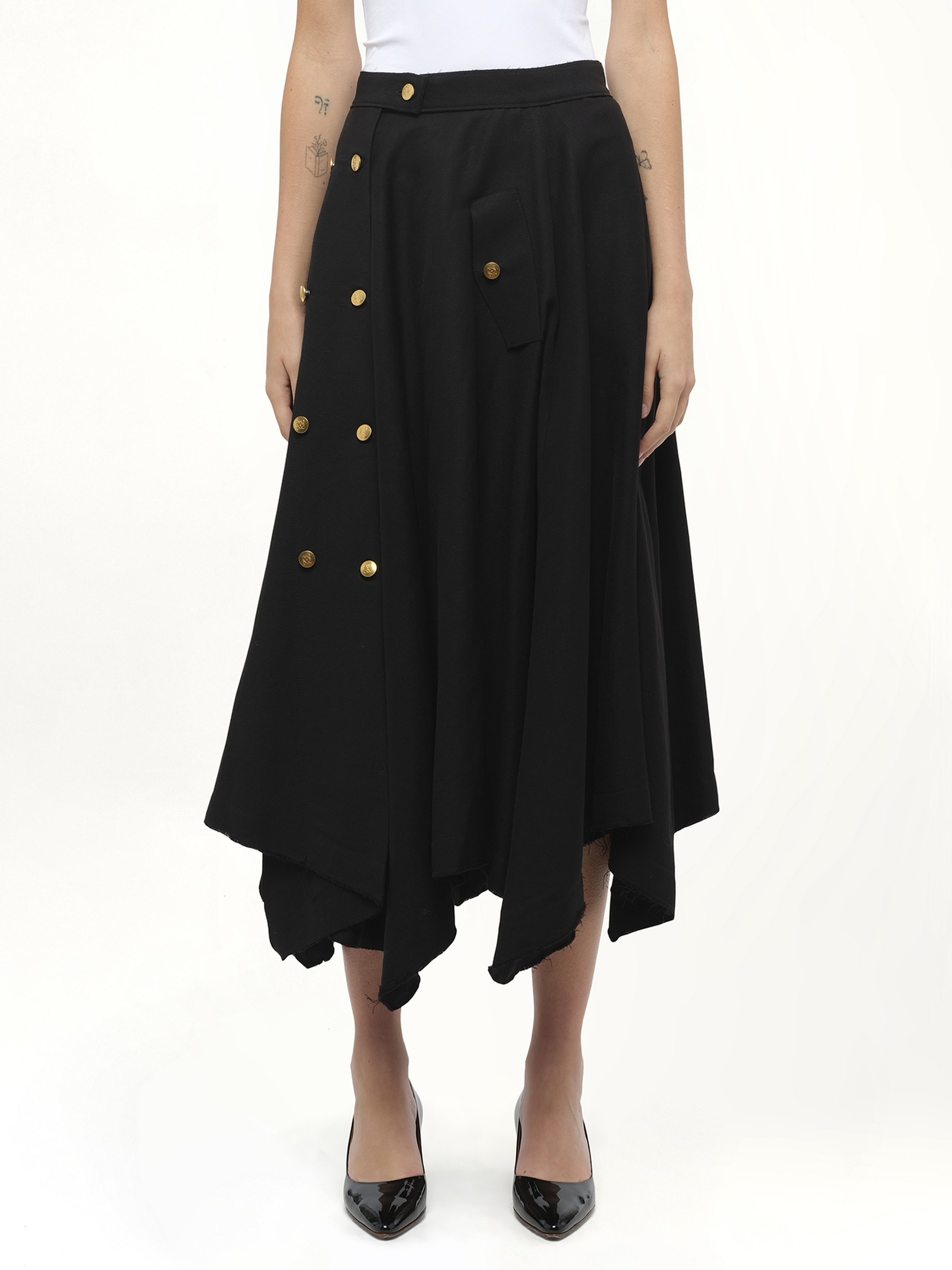 Image of a model wearing Skirts. Productname: LOEWE Gold Button Skirt in Black colour by brand - LOEWE