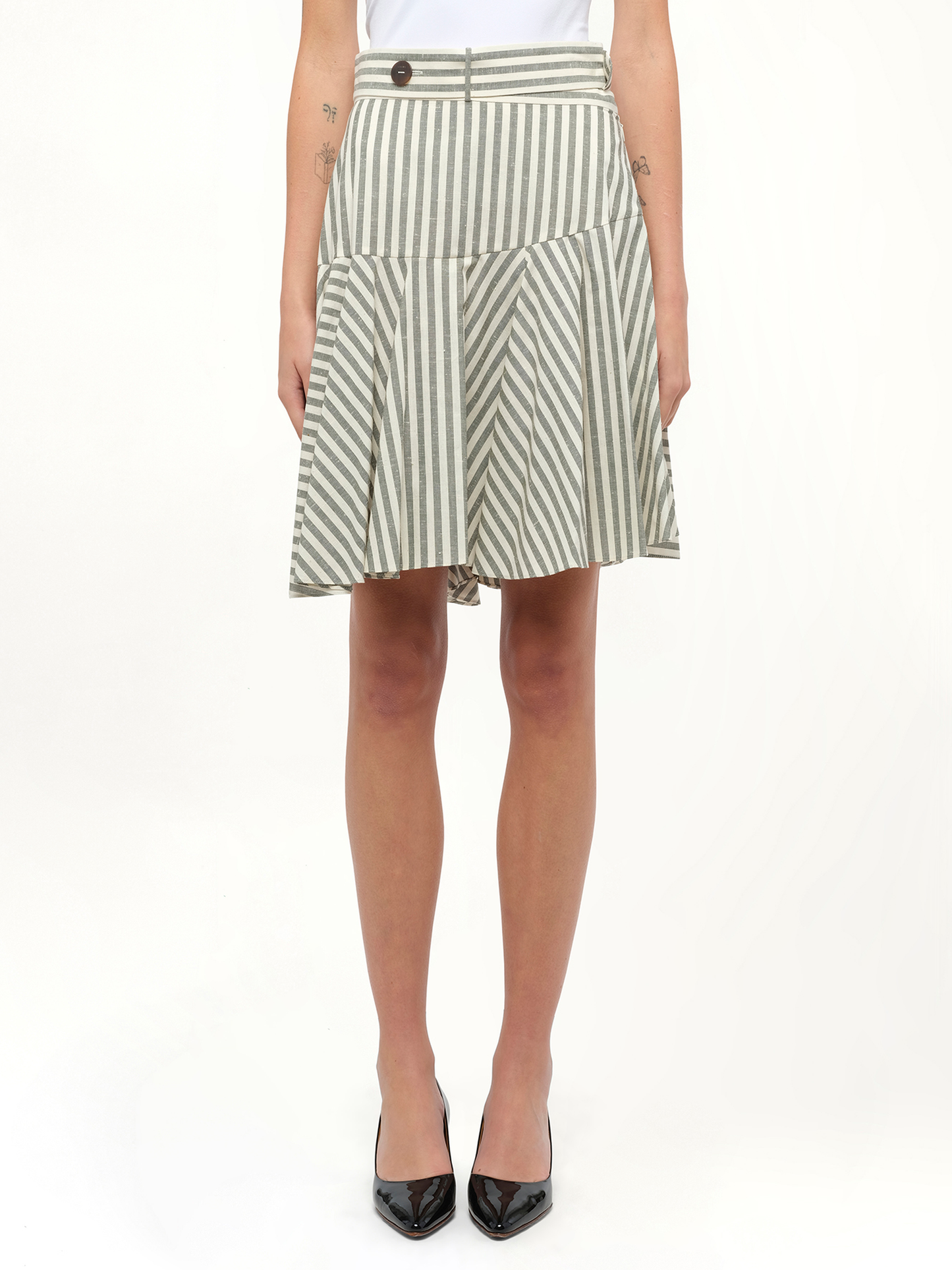 Image of a model wearing Skirts. Productname: LOEWE Stripe Skater Skirt in White colour by brand - LOEWE