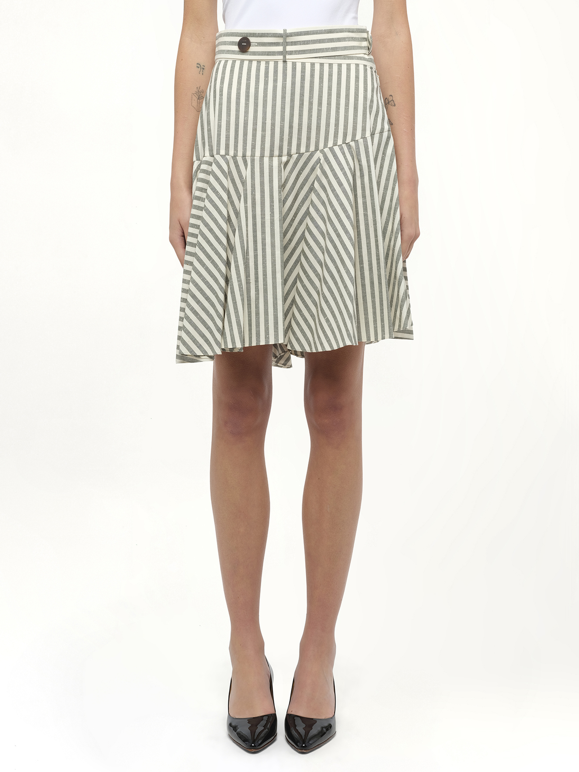 Image of a model wearing Skirts. Productname: LOEWE Stripe Skater Skirt in White colour by brand - LOEWE