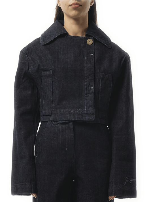 Image of a model wearing Denim. Productname: JACQUEMUS La Veste Denim Marino in Dark Navy colour by brand - JACQUEMUS