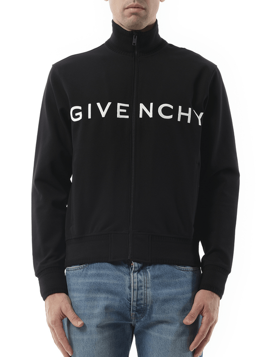 Image of a model wearing Outerwear. Productname: GIVENCHY Dove Tracksuit Zip Through Sweatshirt in BLACK colour by brand - GIVENCHY