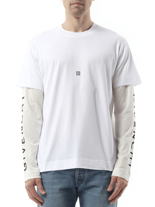 Image of a model wearing Tops. Productname: GIVENCHY Multi Layer Jersey Long Sleeve T-Shirt in WHITE colour by brand - GIVENCHY