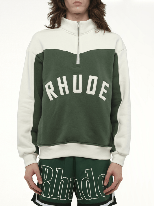 Image of a model wearing Outerwear. Productname: Rhude Monaco Half-Zip Sweatshirt in Green colour by brand - RHUDE