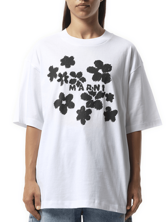 Image of a model wearing Tops. Productname: MARNI Boxy Flower Print T-Shirt in WHITE colour by brand - MARNI