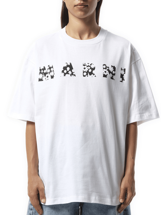 Image of a model wearing Tops. Productname: MARNI Boxy Flower Logo T-Shirt in WHITE colour by brand - MARNI