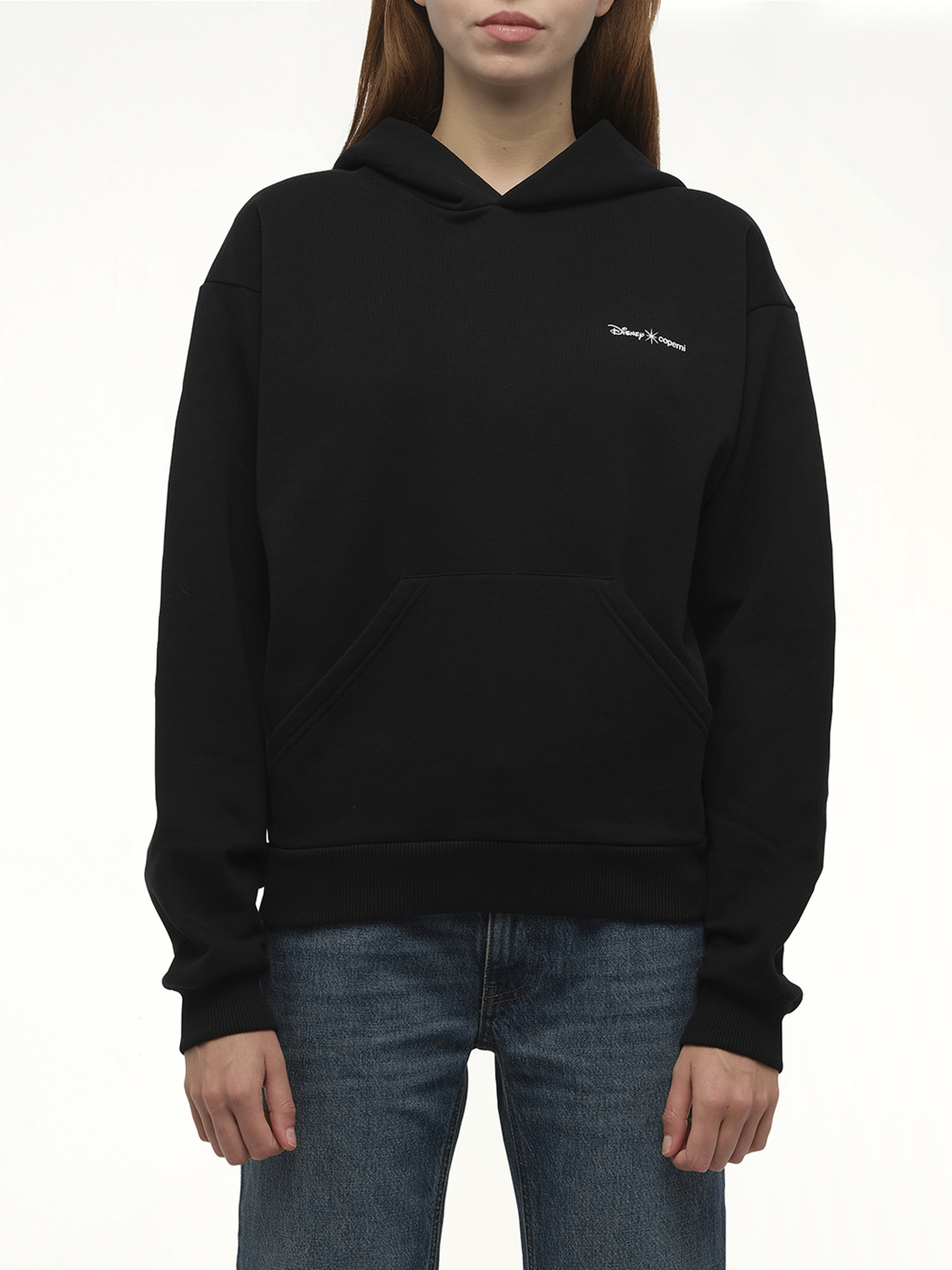 Image of a model wearing Outerwear. Product name - Disney x Coperni Maleficent Hoodie in Black colour by brand - COPERNI