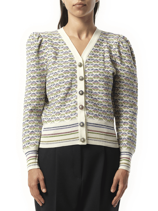 Image of a model wearing Outerwear. Productname: MARC JACOBS Long Sleeve V-Neck Cardigan in Vintage colour by brand - MARC JACOBS