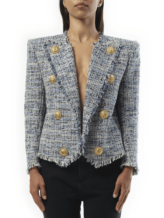 Image of a model wearing Outerwear. Productname: BALMAIN Side To Side Tweed Spencer Jacket in Blue colour by brand - BALMAIN