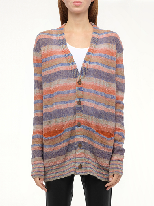 Image of a model wearing Outerwear. Productname: Loewe x Paula Stripe Cardigan in Multicolour colour by brand - LOEWE