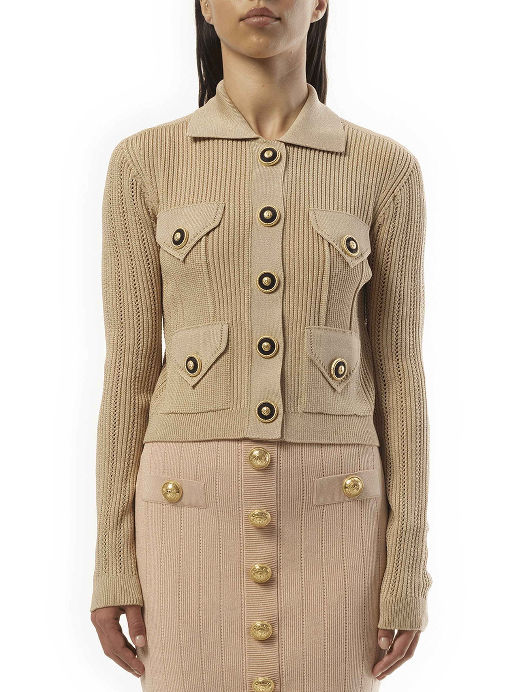 Image of a model wearing Outerwear. Productname: BALMAIN 4 Pockets Buttoned Ribbed Knit Cardigan in Nude Rose colour by brand - BALMAIN
