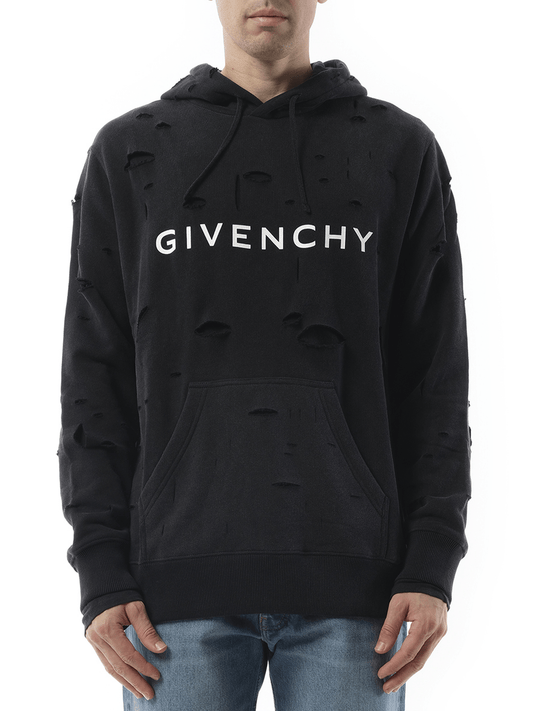 Image of a model wearing Outerwear. Productname: GIVENCHY Archetype Hoodie with Destroyed Effect in BLACK colour by brand - GIVENCHY