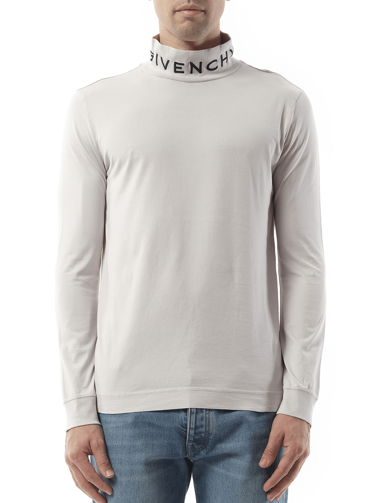 Image of a model wearing Tops. Productname: GIVENCHY Faded Logo Dyed Long Sleeve T-Shirt in GREY colour by brand - GIVENCHY
