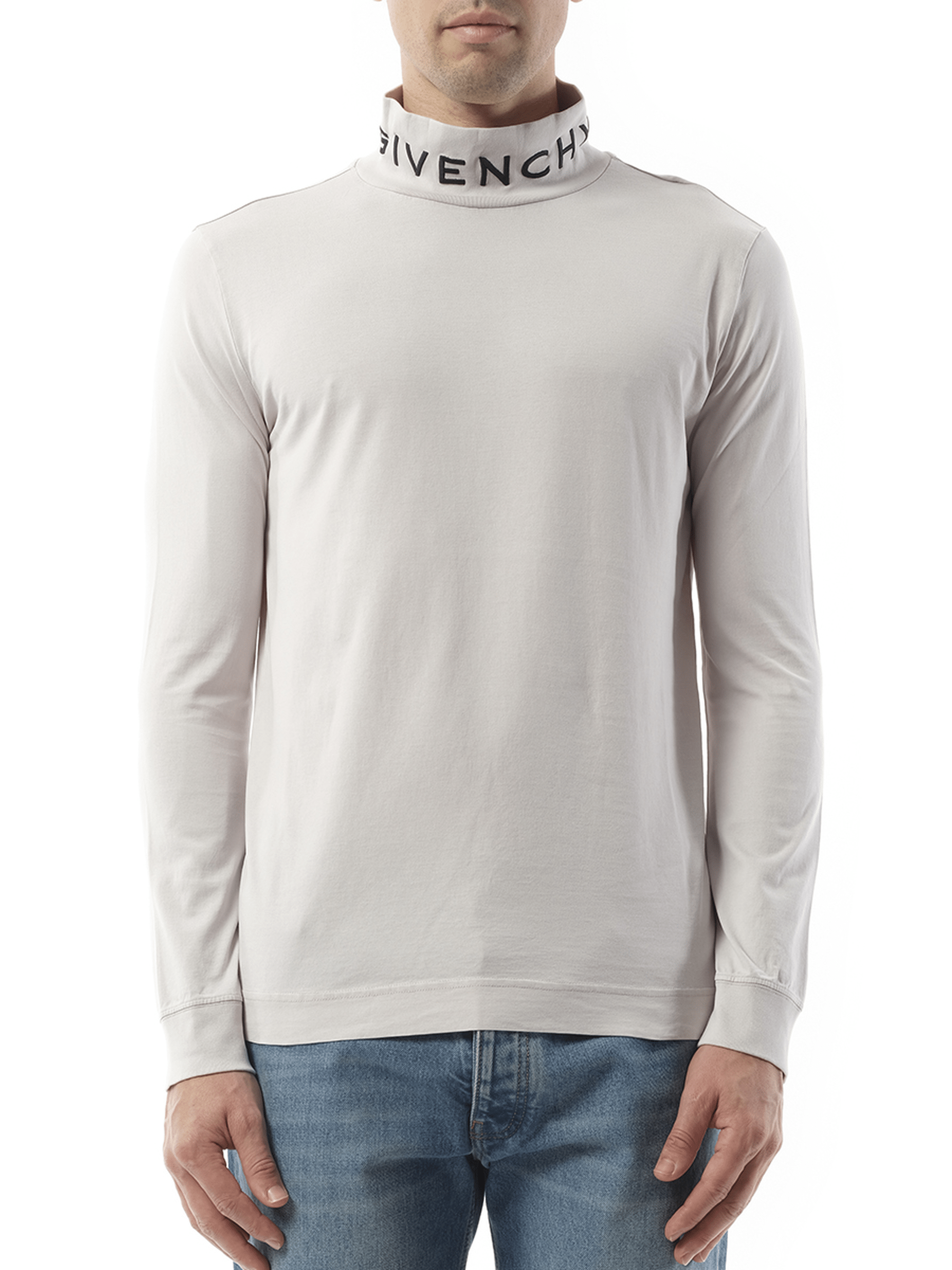 Image of a model wearing Tops. Productname: GIVENCHY Faded Logo Dyed Long Sleeve T-Shirt in GREY colour by brand - GIVENCHY