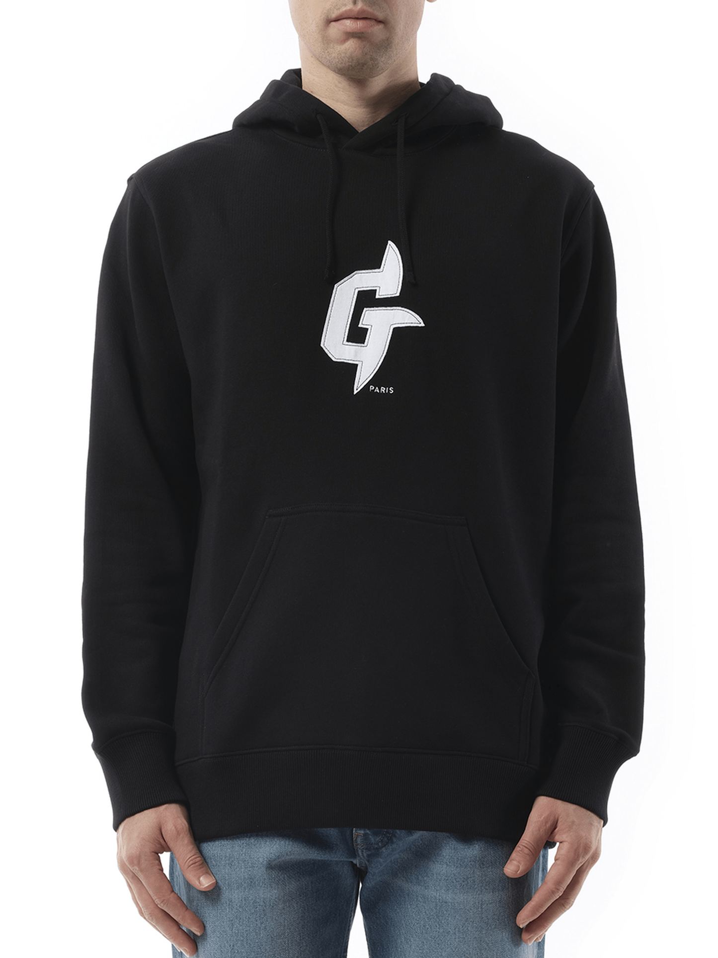 Image of a model wearing Outerwear. Productname: GIVENCHY Embroidered Eiffel Tower Motif Slim Fit Hoodie in BLACK colour by brand - GIVENCHY