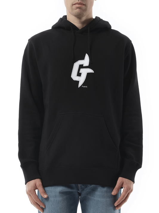 Image of a model wearing Outerwear. Productname: GIVENCHY Embroidered Eiffel Tower Motif Slim Fit Hoodie in BLACK colour by brand - GIVENCHY