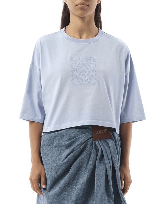 Image of a model wearing Tops. Productname: LOEWE Cropped Anagram T-Shirt in BLUE colour by brand - LOEWE
