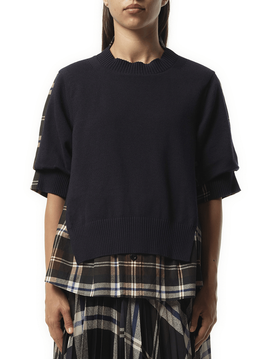 Image of a model wearing Outerwear. Productname: SACAI Plaid Print x Knit Pullover in GREEN colour by brand - SACAI