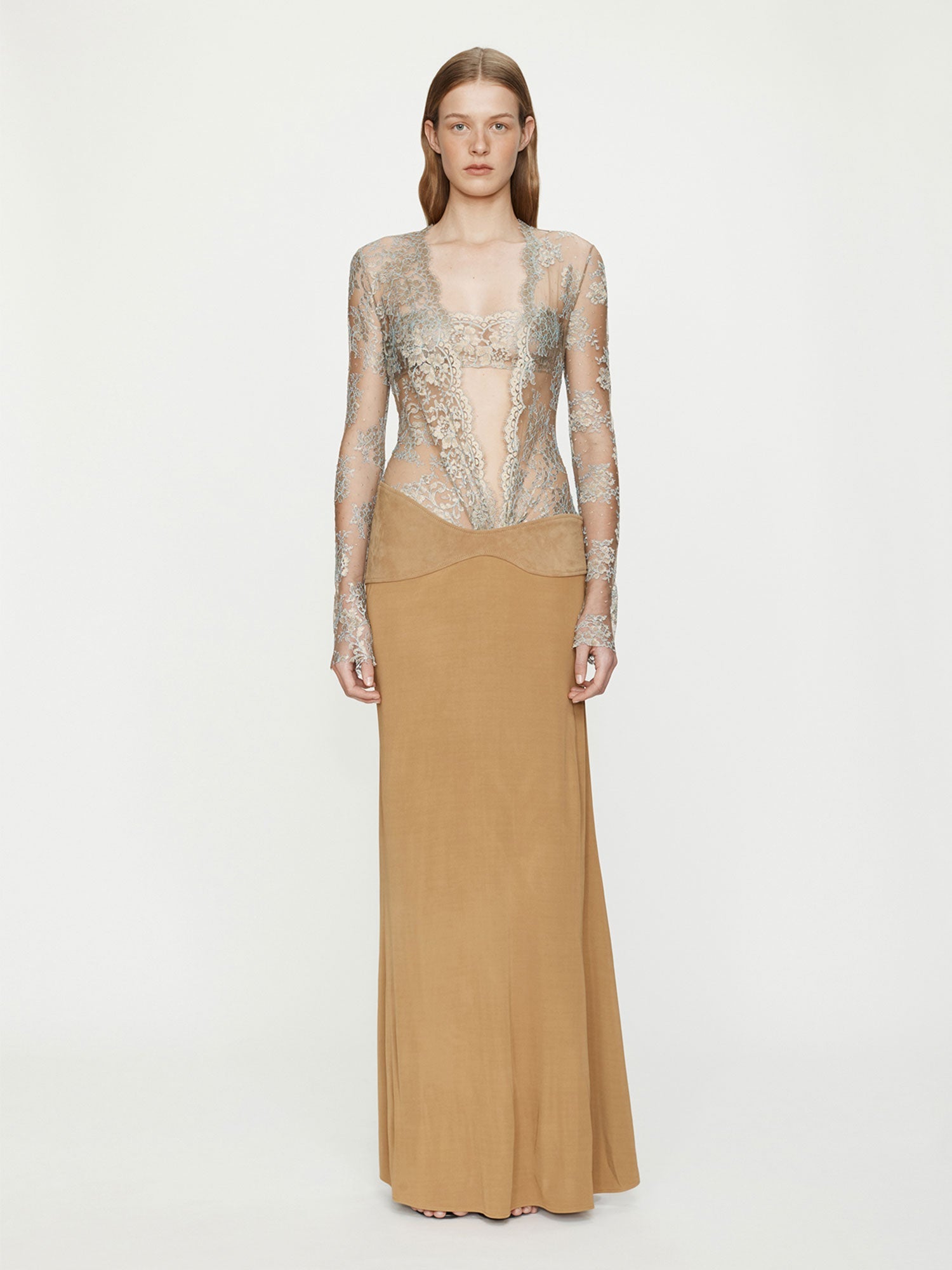 Image of Dresses. Productname: CHRISTOPHER ESBER Sèpienne Lace Suede Belted Jersey Gown in Sand colour by brand - CHRISTOPHER ESBER