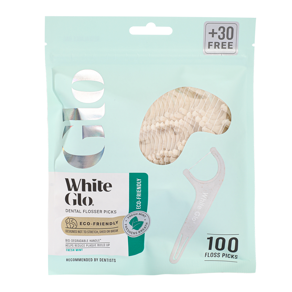 Image of Teeth Whiteners. Product name - Dental Flosser Picks Eco-Friendly Bio-Degradable Handle 70 Floss Picks in colour by brand - White Glo