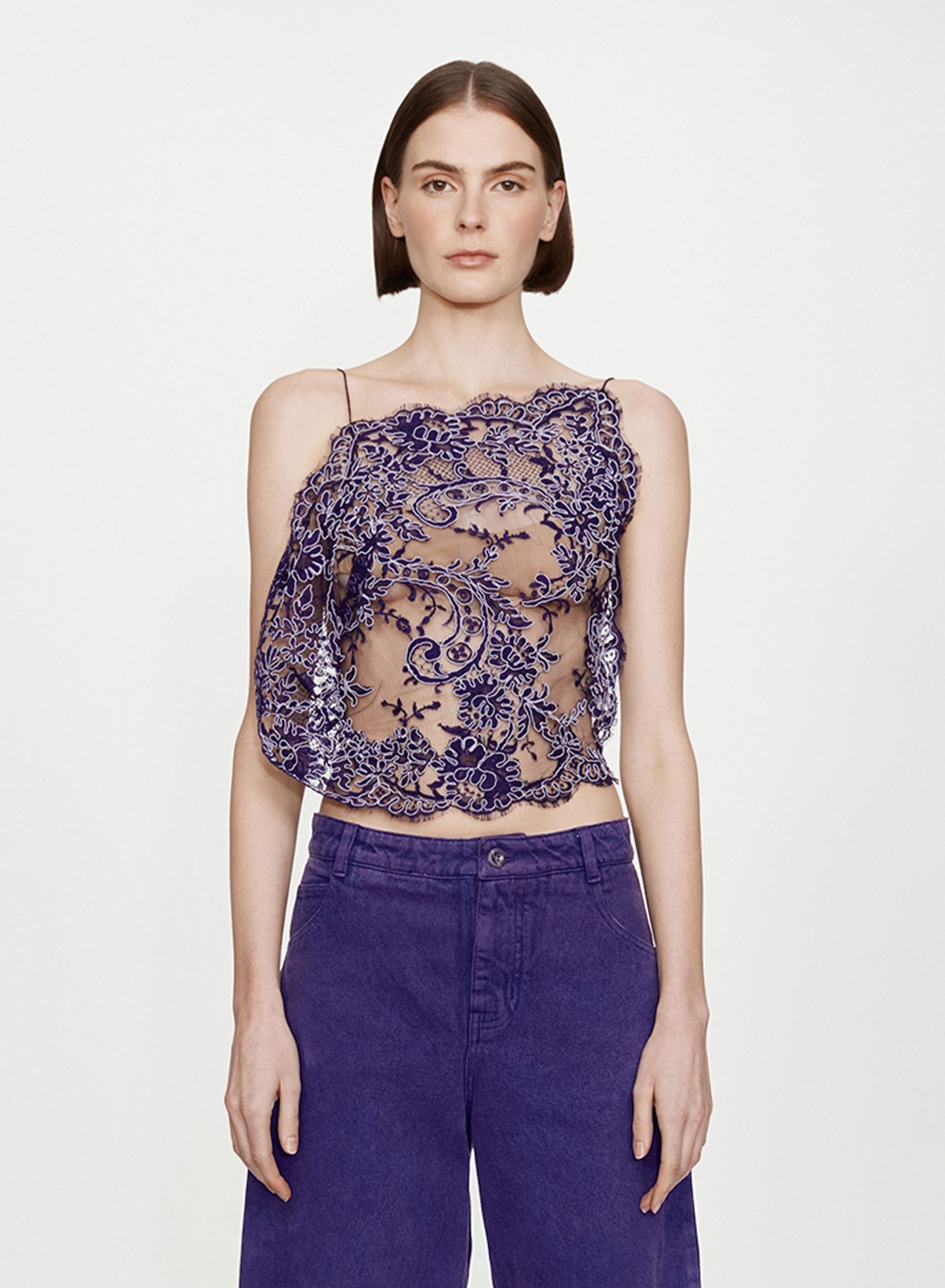 Image of a model wearing Tops. Productname: CHRISTOPHER ESBER Iris Floating Lace Cami in Viola colour by brand - CHRISTOPHER ESBER