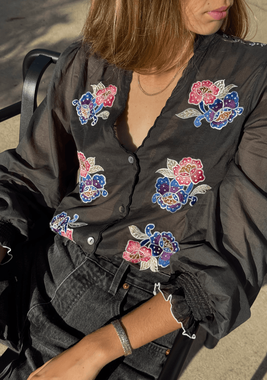 Image of a model wearing Tops. Productname: Auguste The Label Gisele Embroidered Blouse in Print colour by brand - Auguste The Label