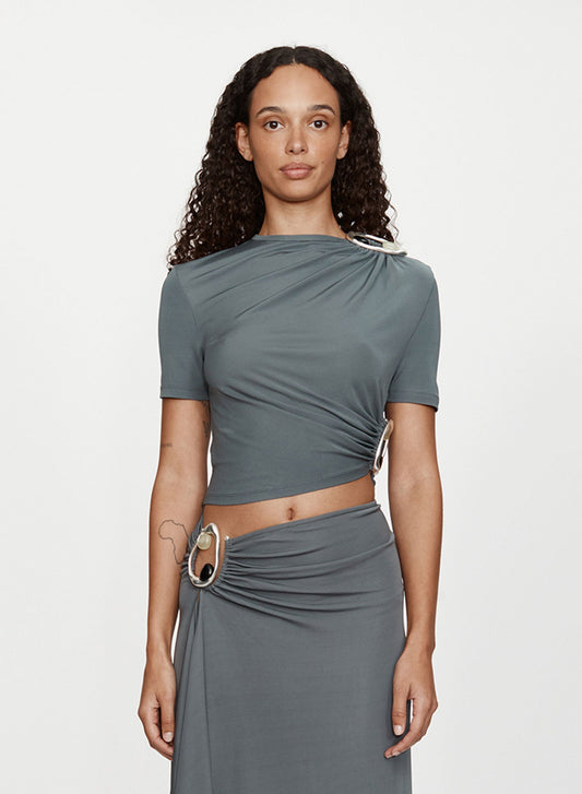 Image of a model wearing Tops. Productname: CHRISTOPHER ESBER Orica Crystal Ruched Jersey Tee in Granite colour by brand - CHRISTOPHER ESBER