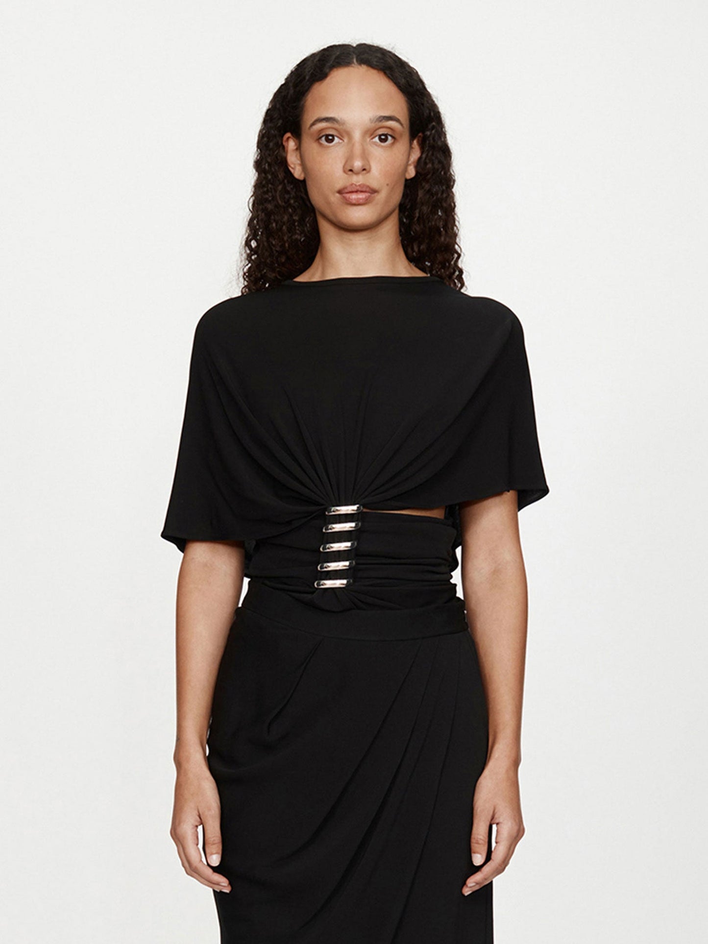 Image of a model wearing Tops. Productname: CHRISTOPHER ESBER Coiled Jersey Tee in Black colour by brand - CHRISTOPHER ESBER
