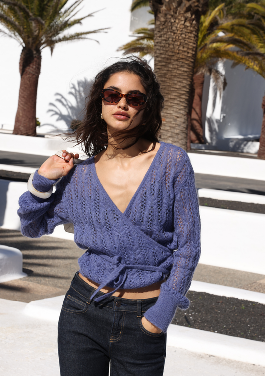 Image of a model wearing Outerwear. Productname: Auguste The Label Rowan Wrap Knit Cardigan in Blue colour by brand - Auguste The Label