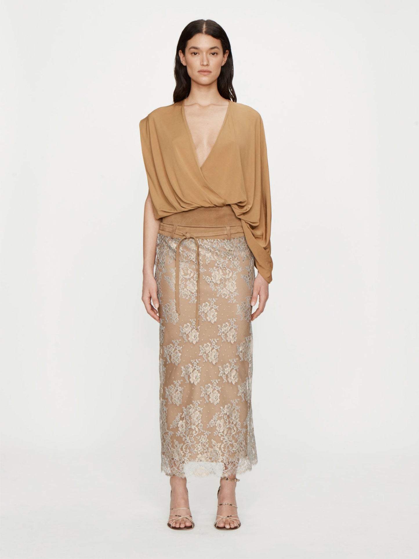Image of a model wearing Skirts. Productname: CHRISTOPHER ESBER Sépienne Lace Belted Suede Skirt in Skirt colour by brand - CHRISTOPHER ESBER