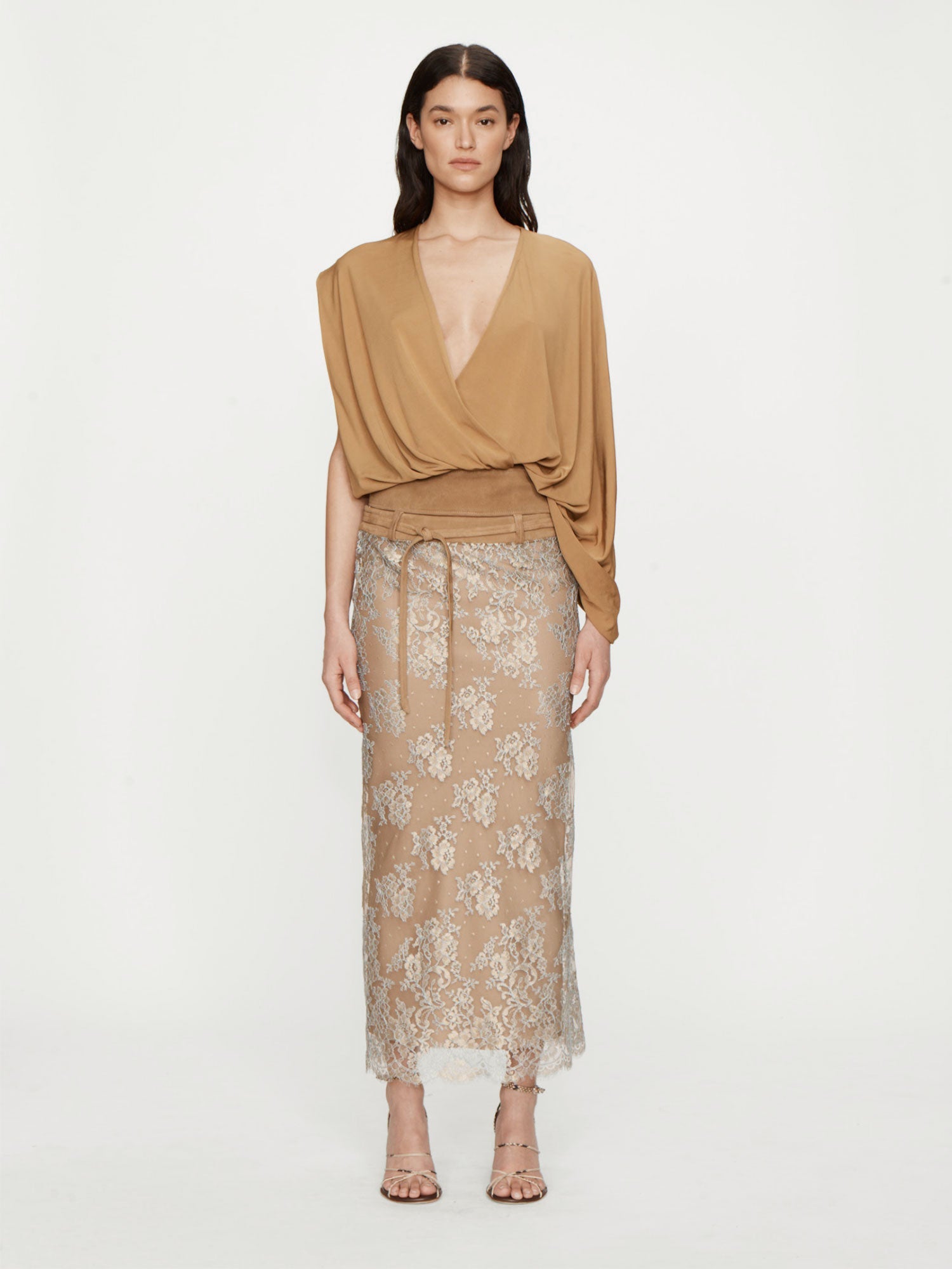 Image of a model wearing Skirts. Productname: CHRISTOPHER ESBER Sépienne Lace Belted Suede Skirt in Skirt colour by brand - CHRISTOPHER ESBER