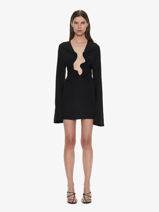 Image of Dresses. Product name - Salacia Ruched Long Sleeve Mini Dress in Black colour by brand - CHRISTOPHER ESBER