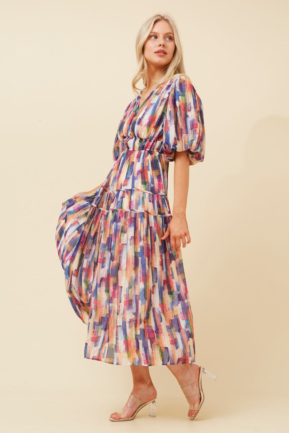 ANUSHKA PUFF SLEEVE MIDI DRESS (Multi Navy)