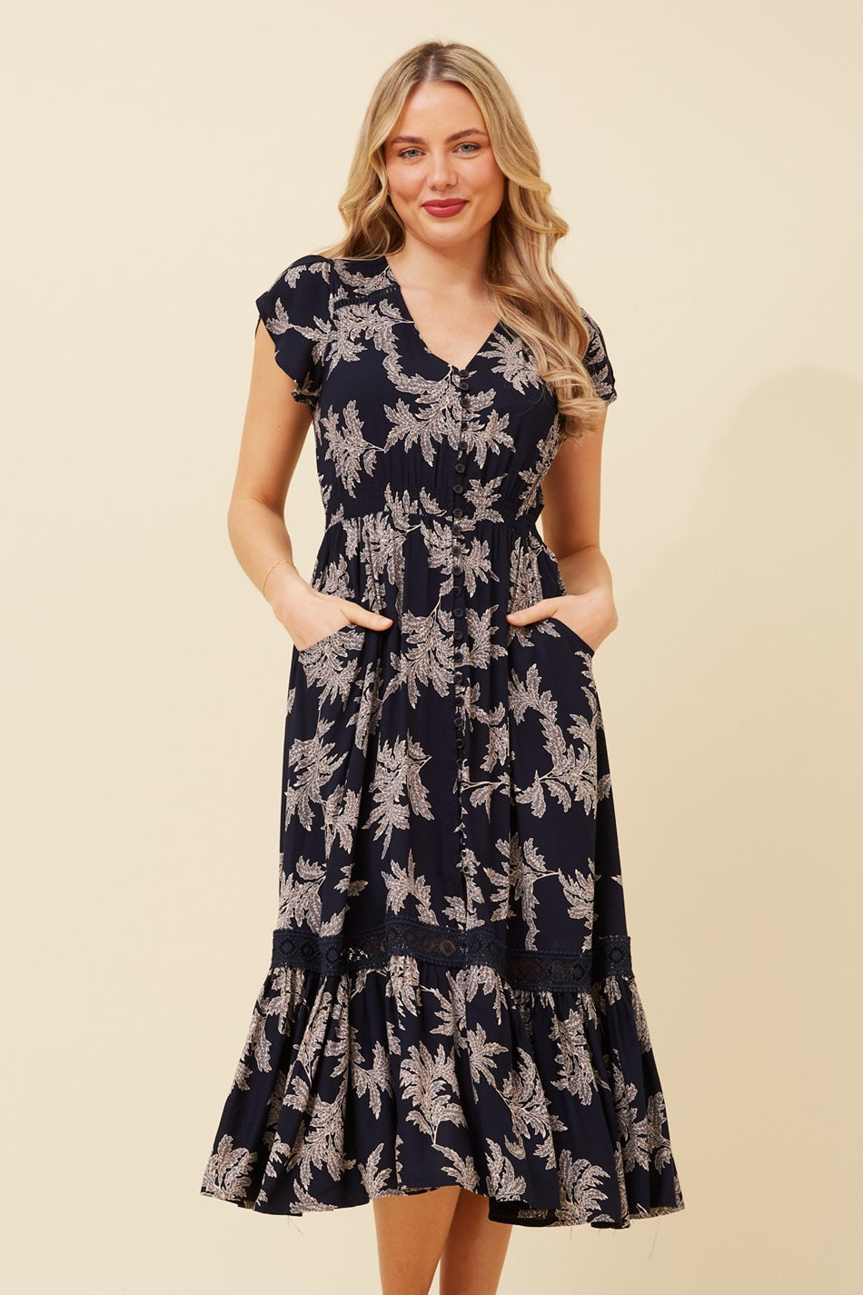 MOROCCO LEAF PRINT MIDI DRESS (Navy)