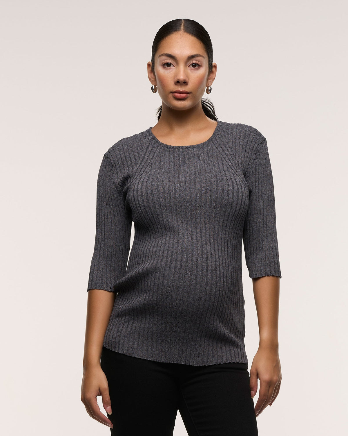 Image of a model wearing Tops. Product name - 2-way Sleeve Feeding Top in Grey colour by brand - Soon Maternity