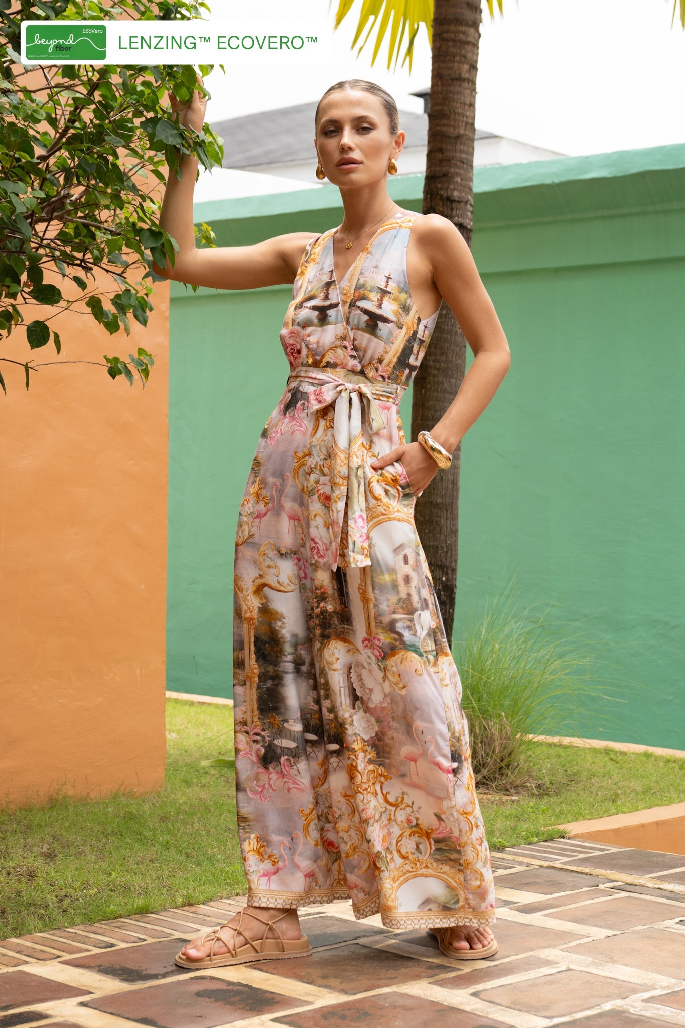 Image of a model wearing Outerwear. Productname: HEYCHIC Roselune Multicolour Abstract Jumpsuit in Multi colour by brand - HEYCHIC