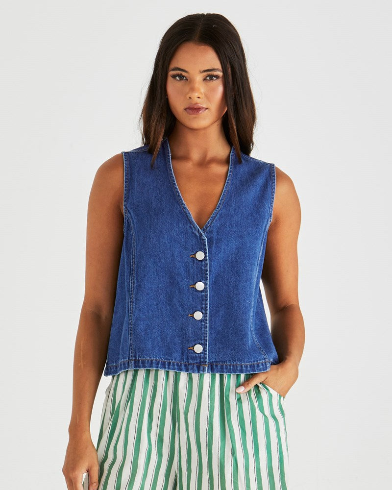 Sass Clothing Sabine Denim Vest (Mid Blue Wash)