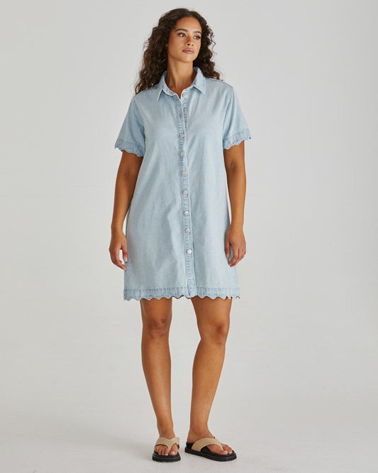 Image of Dresses. Product name - Vale Scalloped Denim Dress Bleach in Bleach colour by brand - Sass Clothing