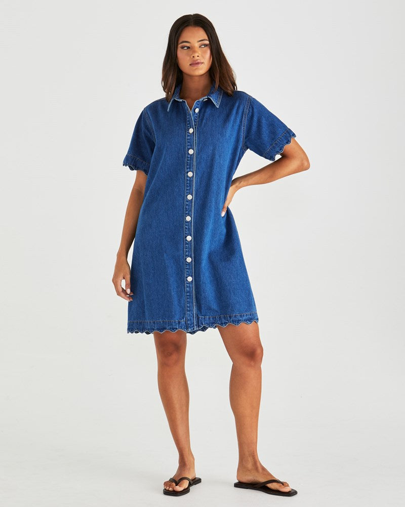 Image of Dresses. Product name - Vale Scalloped Denim Dress Mid Blue Wash in Mid Blue Wash colour by brand - Sass Clothing