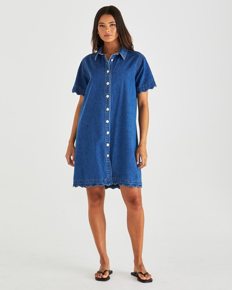 Sass Clothing Vale Scalloped Denim Dress (Mid Blue Wash)