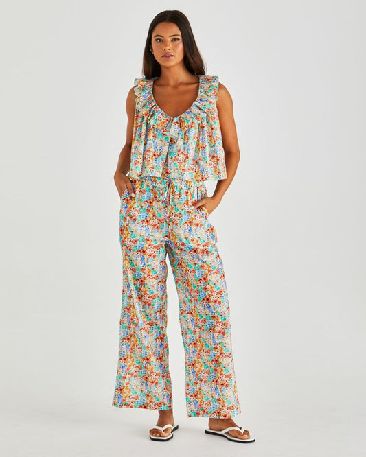 Image of a model wearing Pants. Product name - Panna Elasticated Pant Blossom in Blossom colour by brand - Sass Clothing