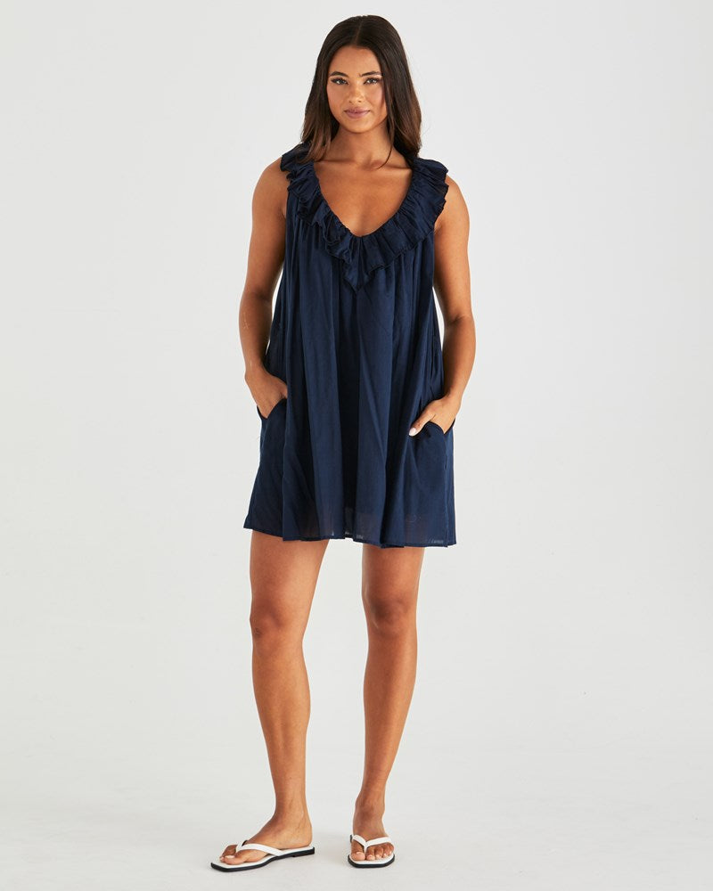 Sass Clothing Belen Ruffled Neck Mini Dress (Navy)