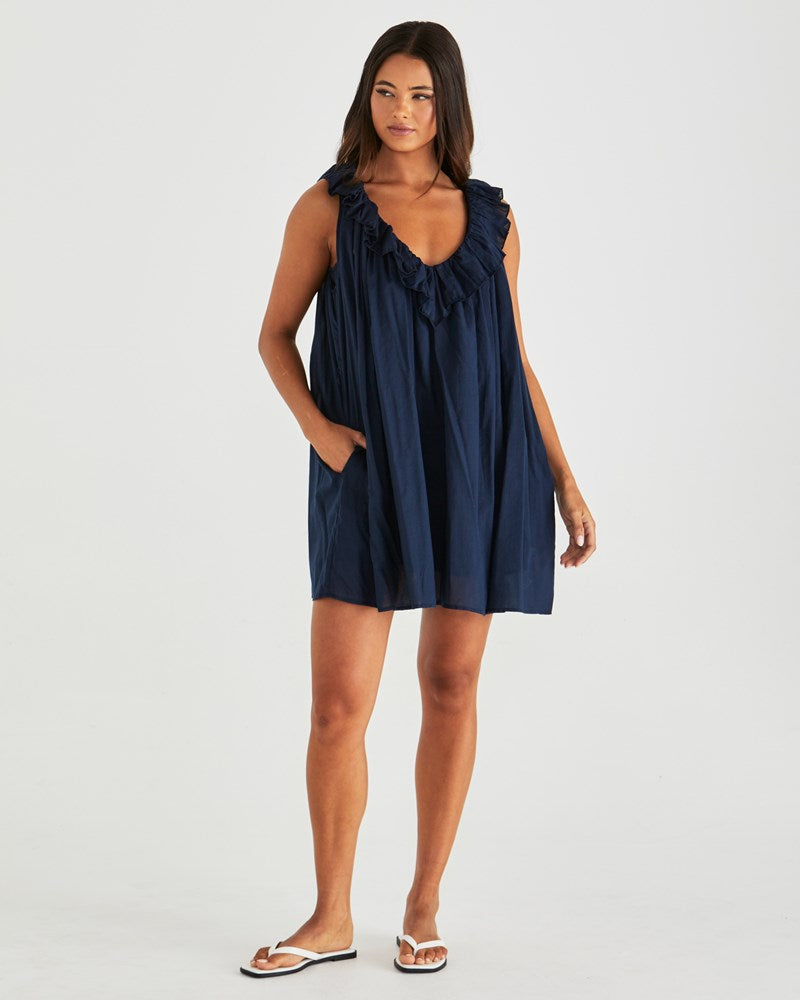 Sass Clothing Belen Ruffled Neck Mini Dress (Navy)
