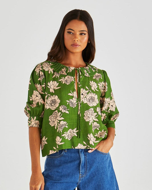 Image of Blouses. Product name - Antonie Pleated Blouse Moonflower in Moonflower colour by brand - Sass Clothing
